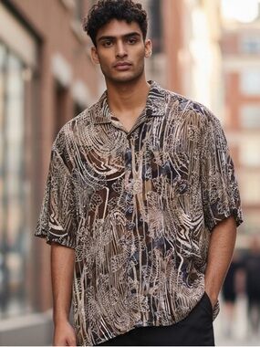 Axis LA Mens XL 100% Silk Short Sleeve Button Down Shirt Brown Abstract Print